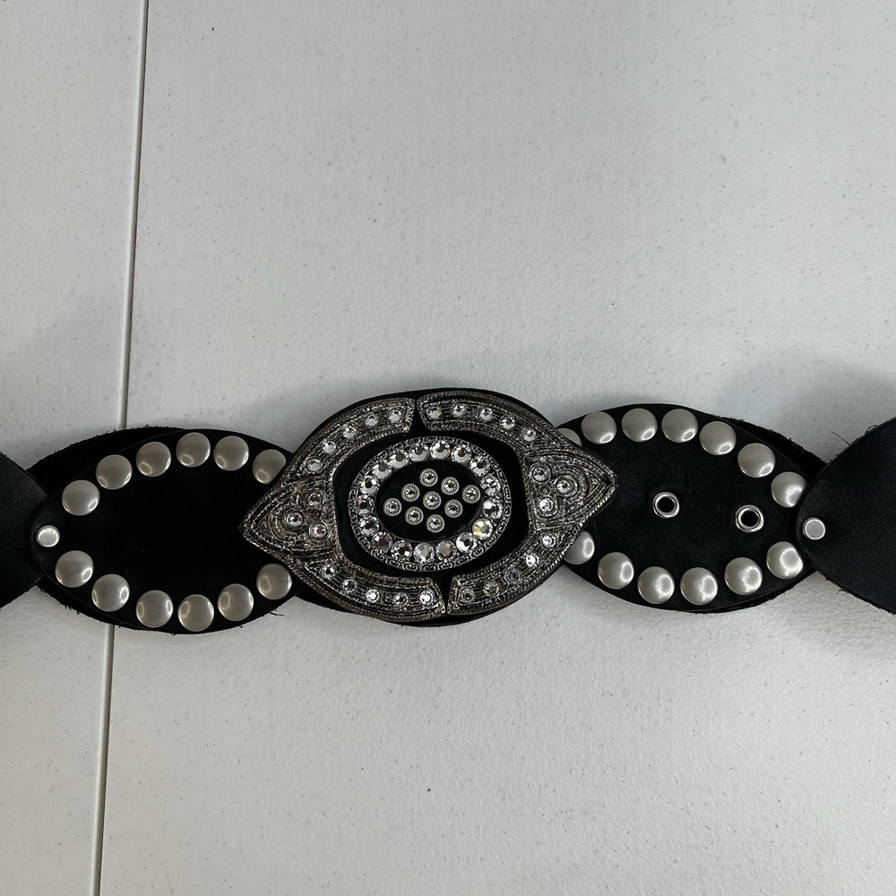 Leather Studded Belt Large 38 Bling Buckle Conch Style Black Silver Southwestern - Picture 6 of 16
